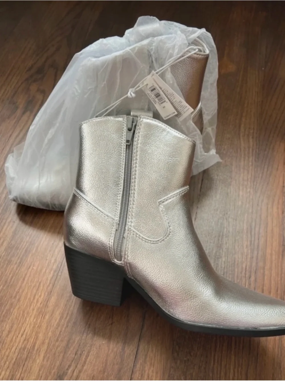 Silver Metallic ankle western cowboy boots pointed toe heeled bootie 7